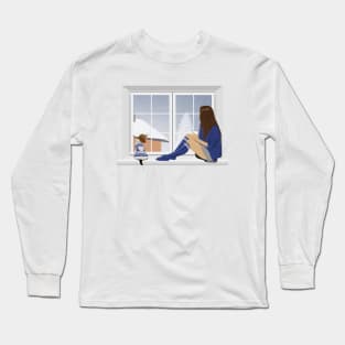 Girl and beagle dog sitting on the window. Long Sleeve T-Shirt